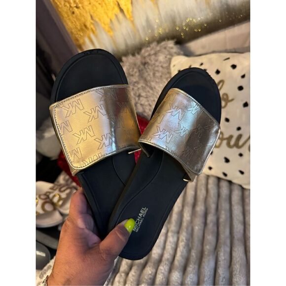 Sz10 nwot michael Kors Janice slide sandals w/logo bling black padded - Picture 3 of 8